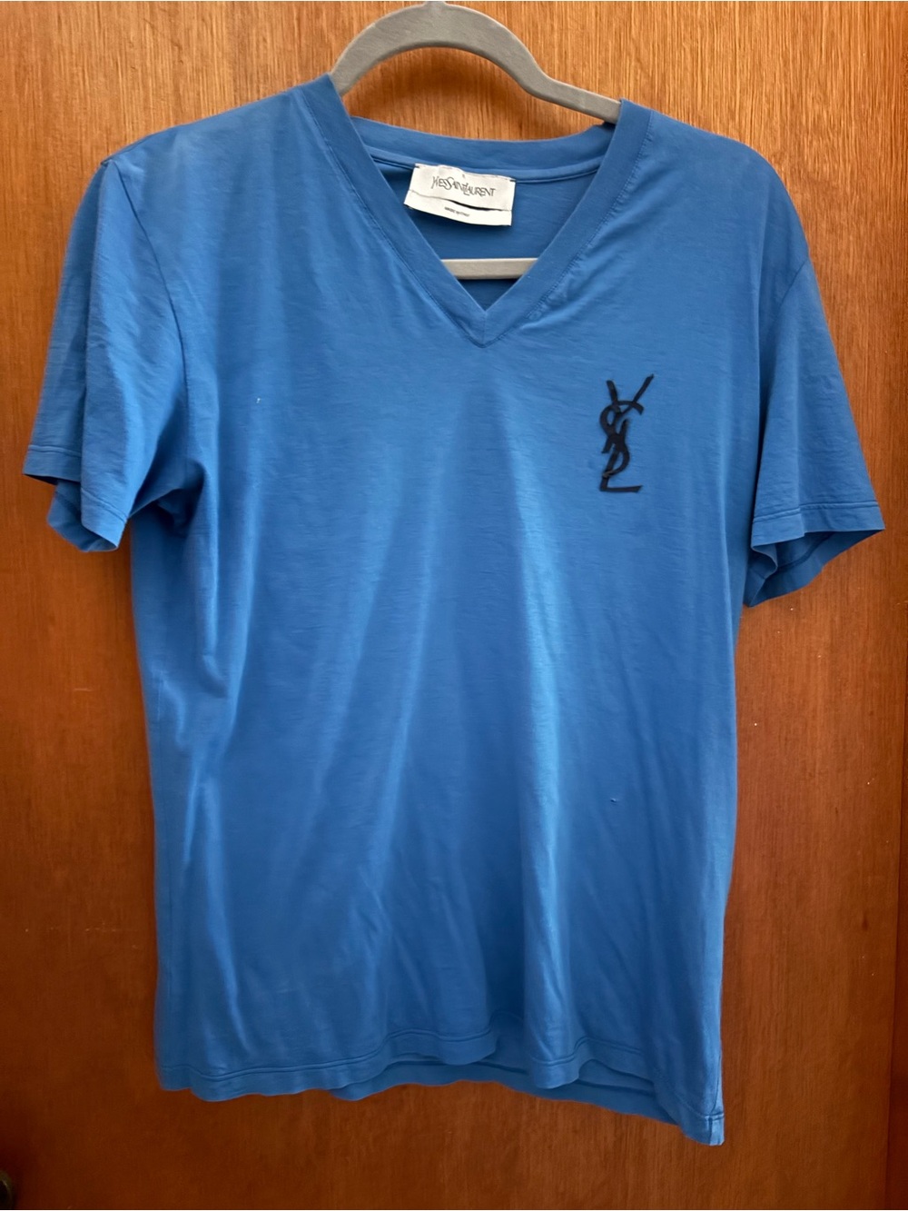 VTG YVES SAINT LAURENT sz L Blue V-Neck Logo Cotton T-Shirt Short Sleeve